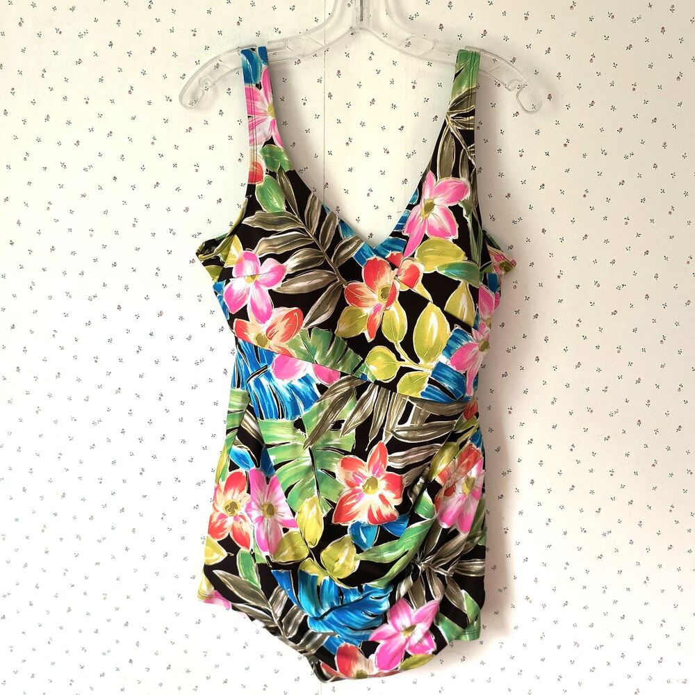 Roxanne Swimsuit NEW Size 24/46D Colorful Tropical Print Gold 1-Piece Bra Retro